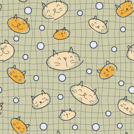 Seamless pattern in 1970s style with cats and drops on grid distorted background. Groovy print for fabric, paper, T-shirt. Doodle vector illustration for decor and design.のイラスト素材