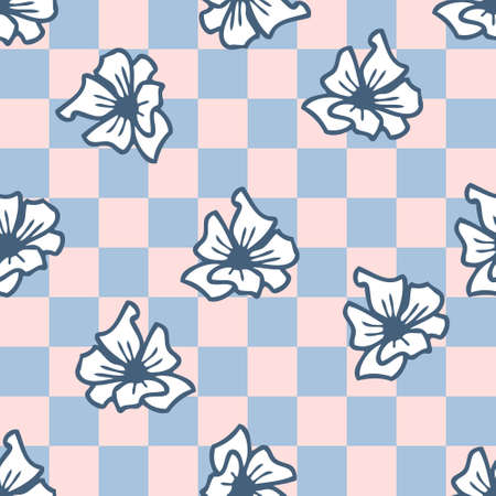 Groovy flowers seamless pattern on checkered background. Hippie aesthetic print for fabric, paper, T-shirt. Nature doodle vector illustration for decor and design.のイラスト素材