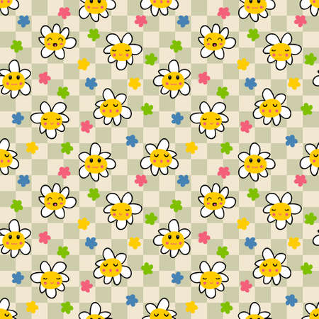 Retro style checkerboard naive daisy seamless pattern. Cute chamomile characters print for nursery and baby fashion. Simple floral illustration for fabric, paper, stationery.の写真素材