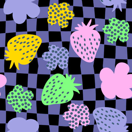 Psychedelic seamless pattern with strawberries and spotted flowers. Retro summer print for fabric, paper, T-shirt in 1970s style. Trippy grid distorted vector background for decor and design.のイラスト素材