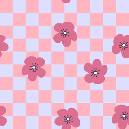 Retro seamless pattern with flowers on checkered background. Simple floral print for fabric, paper, T-shirt. Doodle vector illustration for decor and design.のイラスト素材