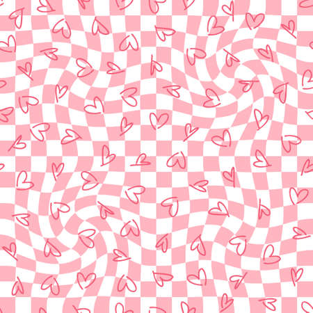 Trippy checkered seamless pattern with simple hearts. Sweet love background with distorted squares. Funky doodle vector illustration for decor and design.のイラスト素材