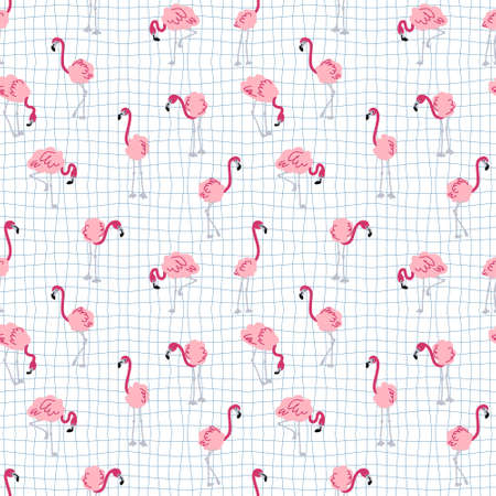 Groovy seamless pattern with flamingo on grid distorted background. Hippie aesthetic print for fabric, paper, T-shirt. Doodle illustration for decor and design.の写真素材
