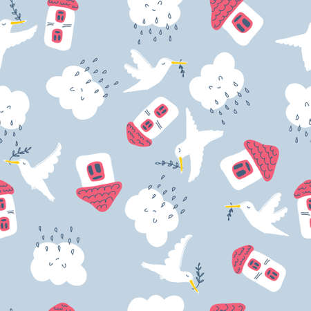 Seamless pattern with houses, white doves and rainy clouds. World peace theme print for T-shirt,...