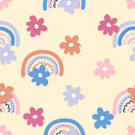 Boho aesthetic seamless pattern with flowers and rainbows. Summer simple print for T-shirt, textile and fabric. Hand drawn vector illustration for decor and design.のイラスト素材