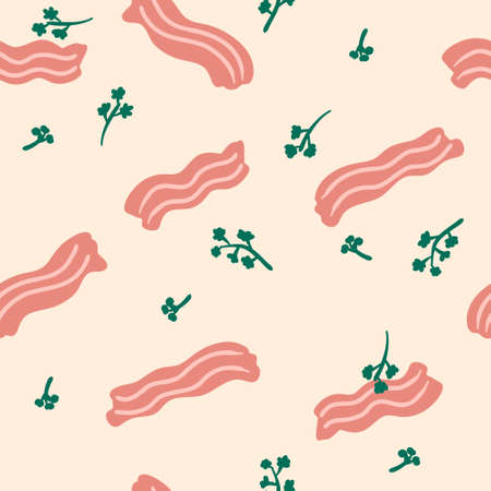 Roasted bacon slices and parsley greens seamless pattern. Simple and great design for any purpose. hand drawn vector illustration.のイラスト素材