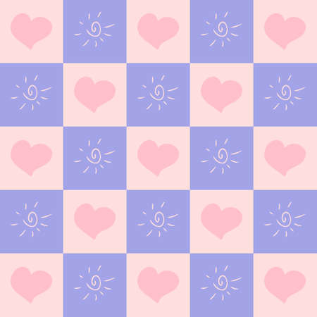Seamless pattern with hearts and sun in 1970s style. Romantic checkerboard print for T-shirt, fabric, textile. Doodle vector illustration for decor and design.のイラスト素材