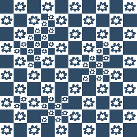 Summer flowers hippy aesthetic seamless pattern in 1970s style. Floral geometric checkerboard print...