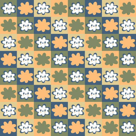 Hippie aesthetic seamless pattern with flowers cartoon faces. Floral characters print for T-shirt, poster, fabric, textile. Kids vector illustration for decor and design.のイラスト素材