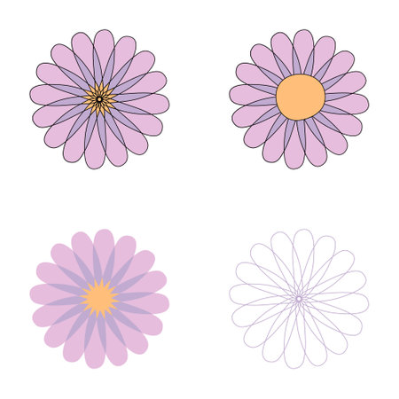 Geometric psychedelic daisies flowers collection. Floral set for T-shirt, posters, stickers and print. Isolated vector illustration for decor and design.のイラスト素材