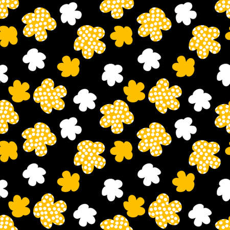 Summer seamless pattern with simple spotted flowers. Retro floral print for fabric, paper, T-shirt in 1970s style. Groovy background for decor and design.の写真素材