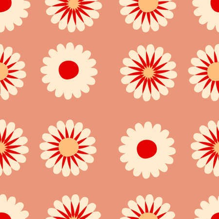Geometric seamless pattern with abstract daisies in 1960 style. Floral aesthetic print for fabric, paper, stationery. Retro vector illustration for decor and design.のイラスト素材