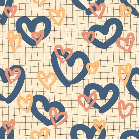 Trippy grid seamless pattern with hearts on checkered background. Groovy print for T-shirt, paper, fabric and stationery. Hand drawn vector illustration for decor and design.のイラスト素材
