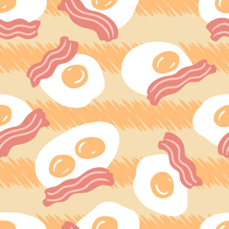 Roasted bacon slices and fried eggs on striped background seamless pattern. Simple design for tee, fabric, stationery. Hand drawn vector illustration for decor and design.のイラスト素材