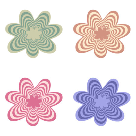 Vintage groovy daisy flowers collection in 1970 style. Retro floral elements for tee, stickers, poster, stationery. Hand drawn isolated vector illustration for decor and design.のイラスト素材