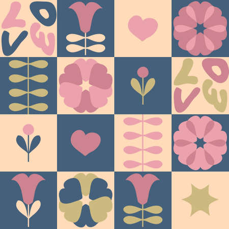 Aesthetic seamless pattern with flowers, hearts and text LOVE. Romantic background for T-shirt, poster, textile and print. Retro vector illustration for decor and design.のイラスト素材