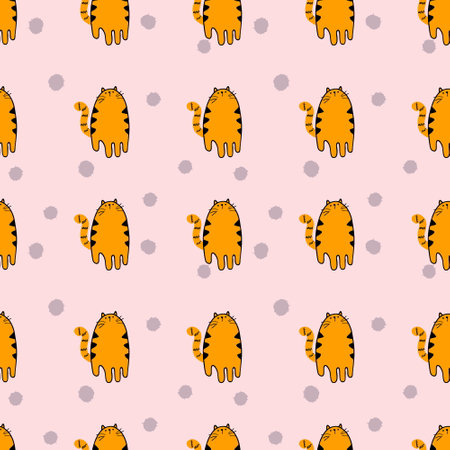 Hand drawn seamless pattern with tigers and spots. Perfect for T-shirt, textile and prints. Doodle illustration for decor and design.の写真素材