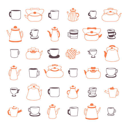 Doodle teapot, cups and mugs simple collection. Perfect for kitchen towel, dishcloth, stationery, poster and print. Hand drawn retro vector illustration isolated on white background.のイラスト素材