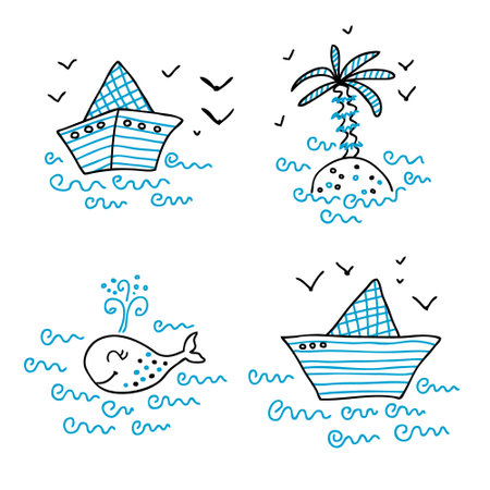 Simple doodle summer collection with paper boat, palm island and whale. Perfect for T-shirt,   stickers, poster. Hand drawn isolated vector illustration for decor and design.のイラスト素材