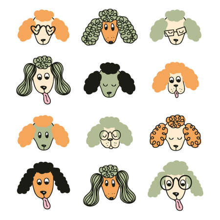 Hand drawn poodle dog cartoon collection. Animalistic doodle set for T-shirt, stickers, print, poster. Cute isolated vector illustration for decor and design.のイラスト素材