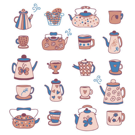 Hand drawn teapot, cups and mugs cozy collection. Perfect for stationery, dishcloth, towel, poster and print. Flat vector illustration isolated on white background.のイラスト素材