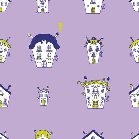 Happy Halloween haunted houses seamless pattern. Spooky print for T-shirt, paper, textile and fabric. Doodle vector illustration for decor and design.のイラスト素材
