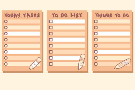 Today tasks checklist template collection. Business, education organizer concept for paper, stationery. Hand drawn vector illustration for decor and design.のイラスト素材