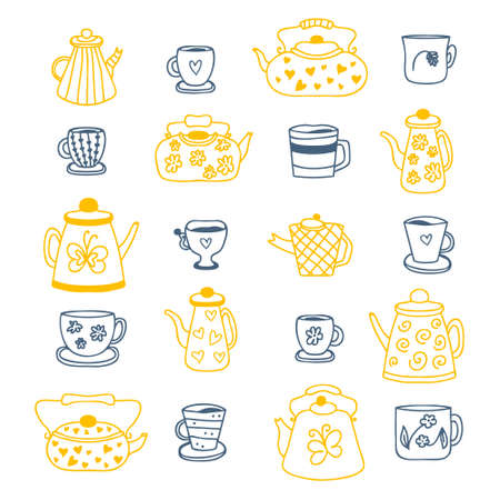 Doodle teapot, cups and mugs cozy collection. Perfect for tea towel, dishcloth, stationery, poster and print. Hand drawn vector illustration isolated on white background.のイラスト素材