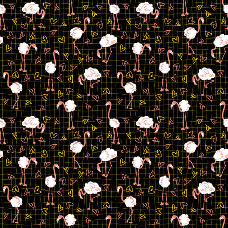 Seamless pattern with flamingo on trippy grid background with hearts. Romantic aesthetic print for fabric, paper, T-shirt. Groovy illustration for decor and design.の写真素材