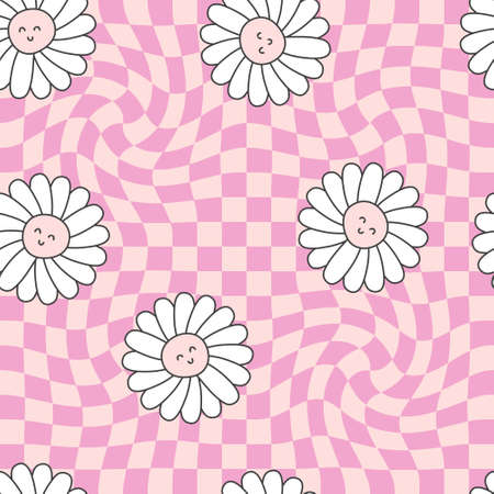 Groovy seamless pattern with chamomile flowers in 1970 style. Childish characters print with happy emotions. Kids vector illustration for decor and design.のイラスト素材