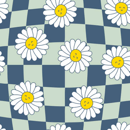 Trippy checkerboard seamless pattern with chamomile flowers. Childish abstract print with happy emotions. Floral vector illustration for decor and design.のイラスト素材