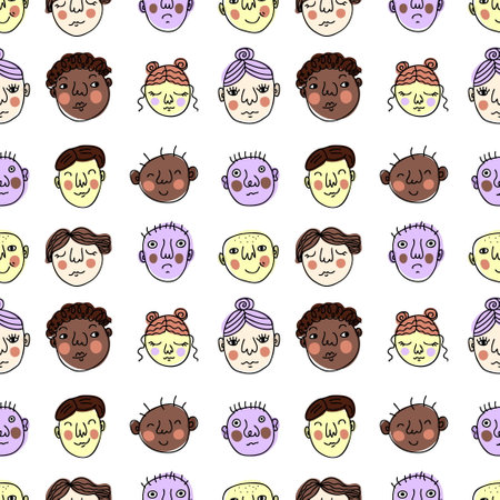 Trendy seamless pattern with doodle people faces. Perfect for T-shirt, poster and print. Hand drawn illustration for decor and design.の写真素材