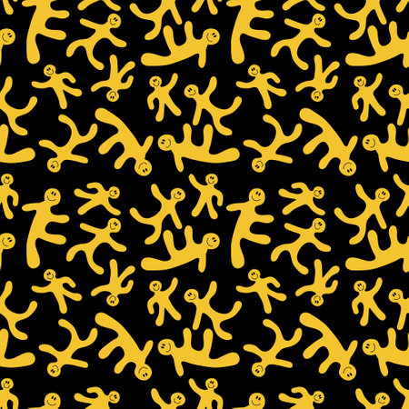 Seamless pattern with colored smiling little people. Groovy background for T-shirt, textile and print. Doodle illustration for decor and design.の写真素材