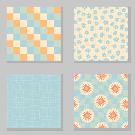 Daisy flowers, trippy grid, wavy checkerboard seamless pattern set. Seventies style vector background for decor and design.のイラスト素材