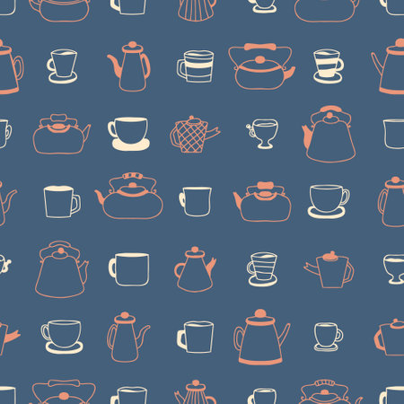 Doodle teapot, cups and mugs simple seamless pattern. Perfect print for kitchen towel, dishcloth, stationery, textile and fabric. Hand drawn retro vector illustration for decor and design.のイラスト素材