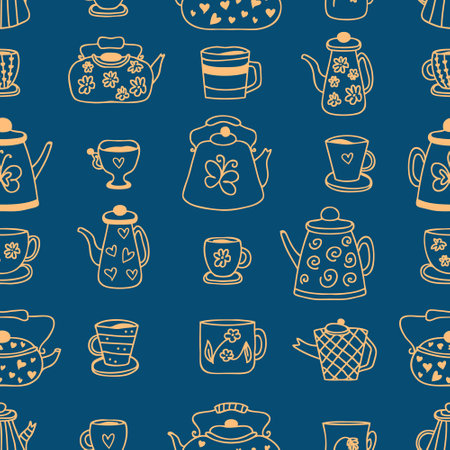 Doodle teapot, cups and mugs cozy seamless pattern. Perfect print for tea towel, dishcloth, stationery, textile and fabric. Hand drawn vector illustration for decor and design.のイラスト素材