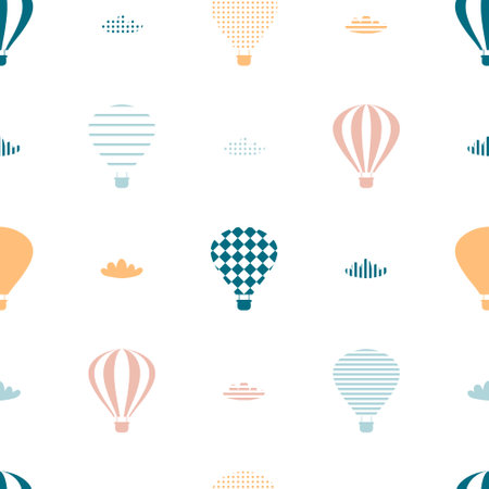 Seamless pattern with balloons and clouds fly in the sky. Perfect print for tee, textile, paper and fabric. Retro vector illustration for surface design.のイラスト素材