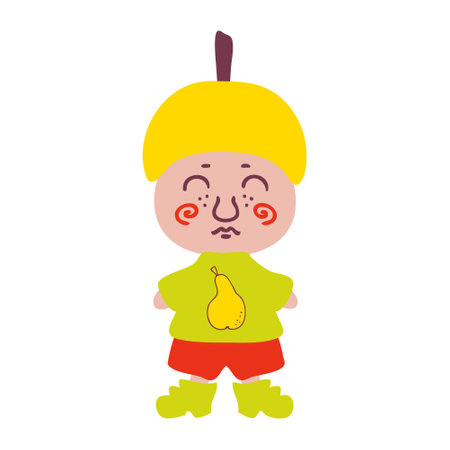 Vintage style cute gnome in fruit pear hat. Perfect for posters, greeting cards, T-shirt, stickers and print. Isolated vector illustration for decor and design.のイラスト素材