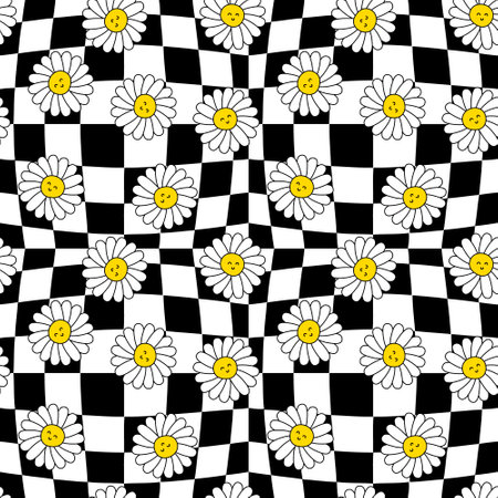 Trippy checkerboard seamless pattern with chamomile flowers. Childish abstract print with happy emotions. Floral illustration for decor and design.の写真素材