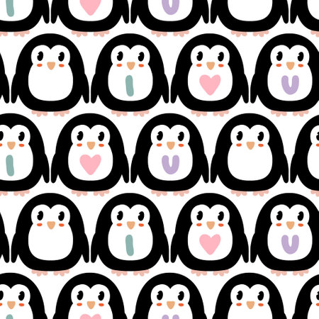 Cartoon style penguins and hearts seamless pattern. Perfect print for paper, textile and fabric. Hand drawn vector illustration for decor and design.のイラスト素材