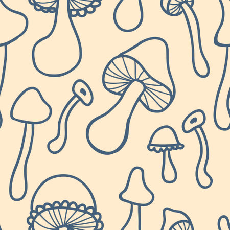 Doodle agaric mushrooms seamless pattern in 1970 style. Perfect aesthetic print for tee, paper, fabric, textile. Vector illustration for decor and design.のイラスト素材