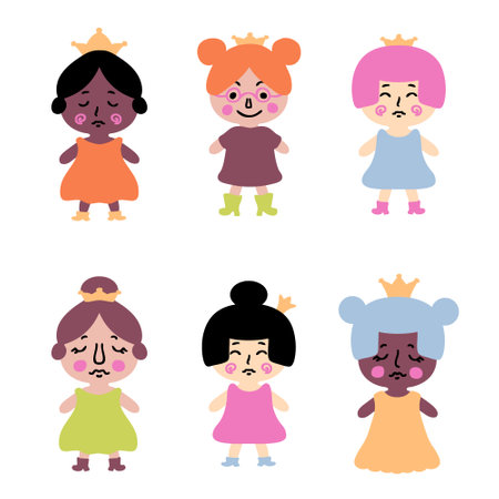 Cute little princess clipart collection in flat style. Perfect for posters, greeting cards, tee, stickers and print. Isolated vector illustration for decor and design.のイラスト素材