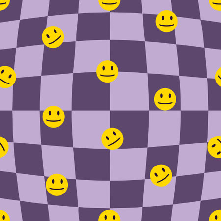 Psychedelic seamless pattern with smiling faces on trippy grid background. Groovy print for tee, paper, fabric, textile. Retro style vector illustration for decor and design.のイラスト素材
