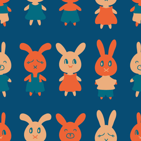 Flat style seamless pattern with cute bunnies. Perfect print for tee, textile and fabric. Hand drawn vector illustration for decor and design.のイラスト素材