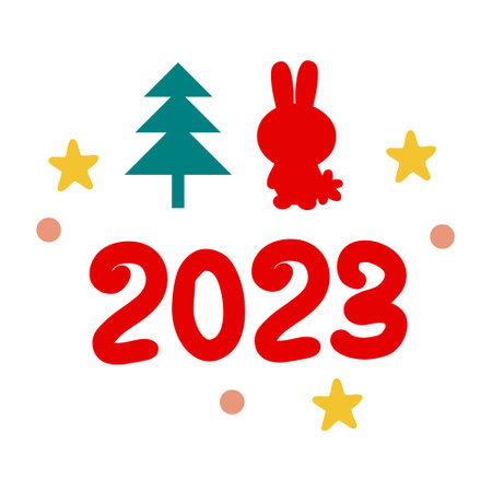 Trendy celebration New Year 2023 print with rabbit, numbers, tree and stars. Perfect for tee,...
