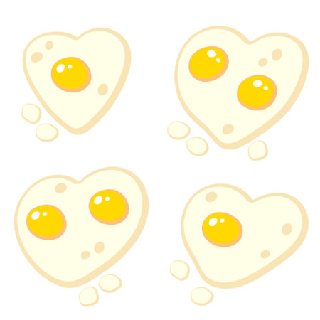Fried eggs in the form of heart doodle collection. Perfect romantic print for tee, sticker, poster. Hand drawn isolated vector illustration for decor and design.のイラスト素材