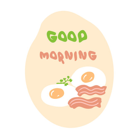 GOOD MORNING slogan print with scrambled eggs and bacon. Hand drawn abstract graphic tee vector sticker. Isolated illustration for decor and design.のイラスト素材