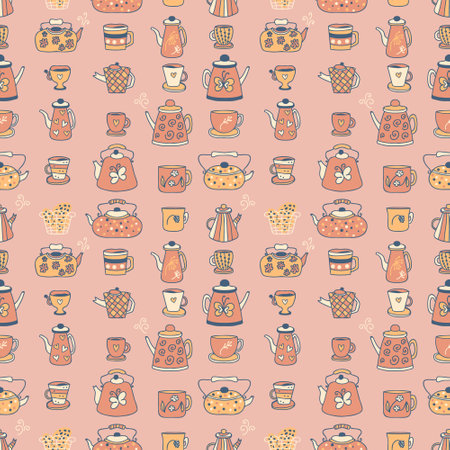 Hand drawn teapot, cups and mugs cozy seamless pattern. Perfect print for stationery, dishcloth, towel, textile and fabric. Flat illustration for decor and design.の写真素材