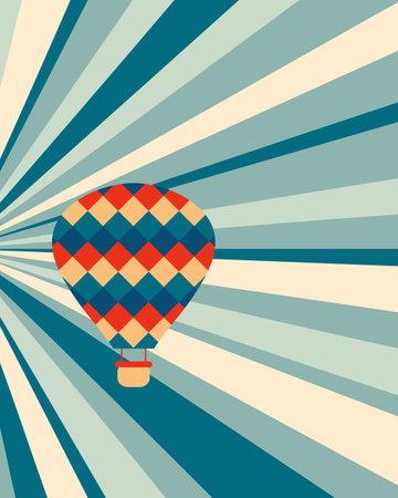 Retro style poster with hot air balloon on striped sky background. Perfect print for T-shirt, postcard, sticker, banner. vector illustration.のイラスト素材