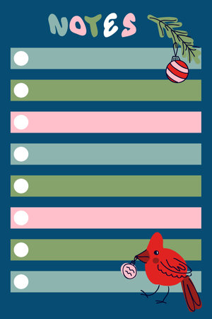 Notes list template with red cardinal bird and Christmas ornament. New year panner for paper, stationery. Vector illustration for decor and design.のイラスト素材